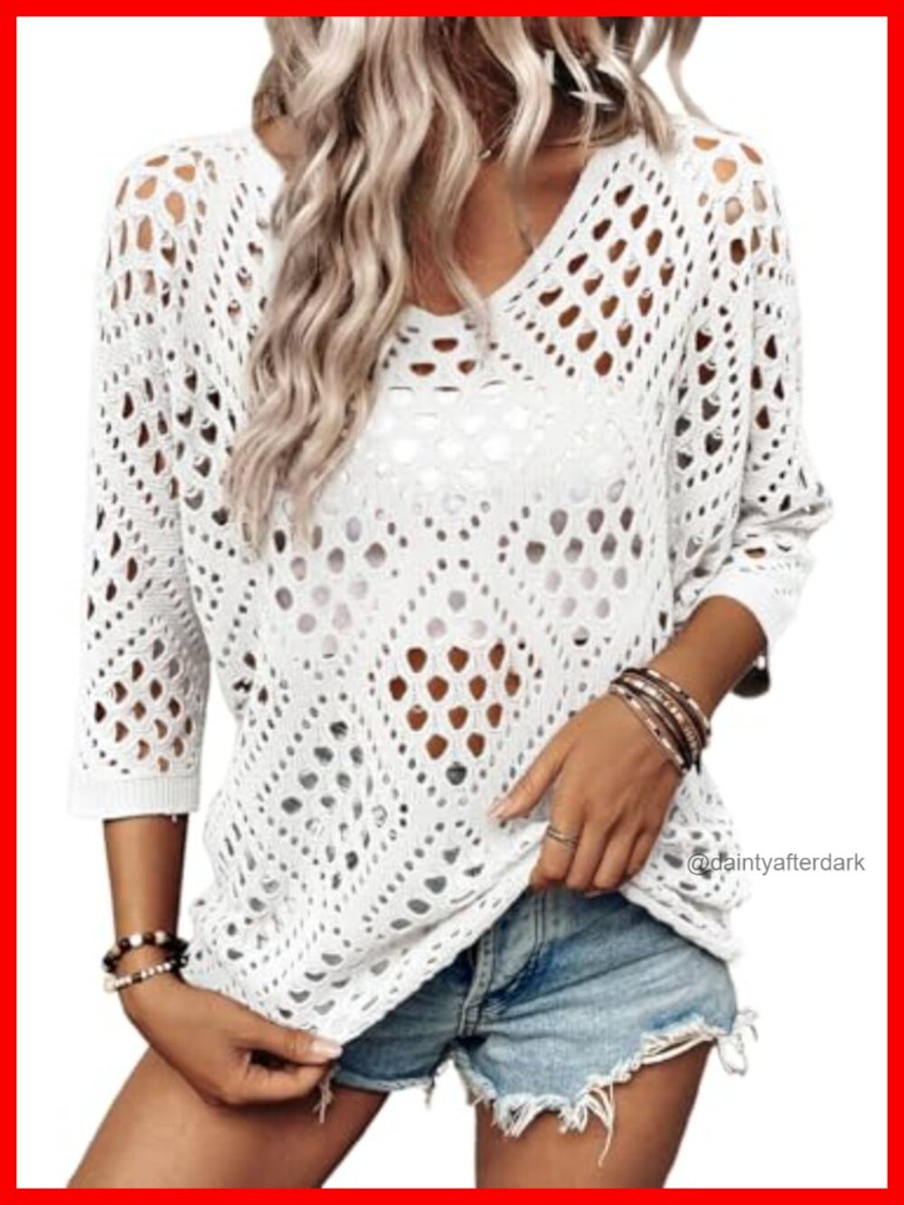 Crochet Knit Sweater Cover Up V-Neck 3/4 Sleeve Loose Fit